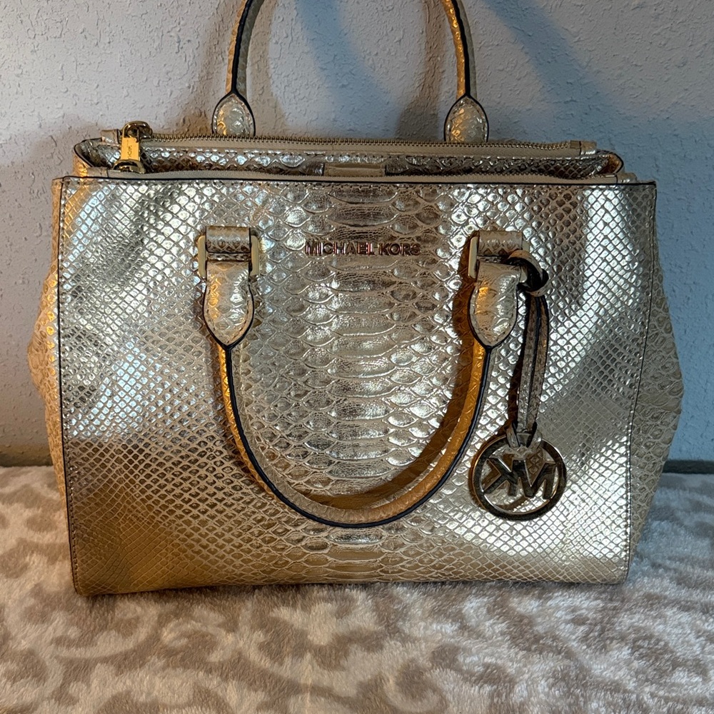 Michael Kors Metallic Gold Snake Print Satchel